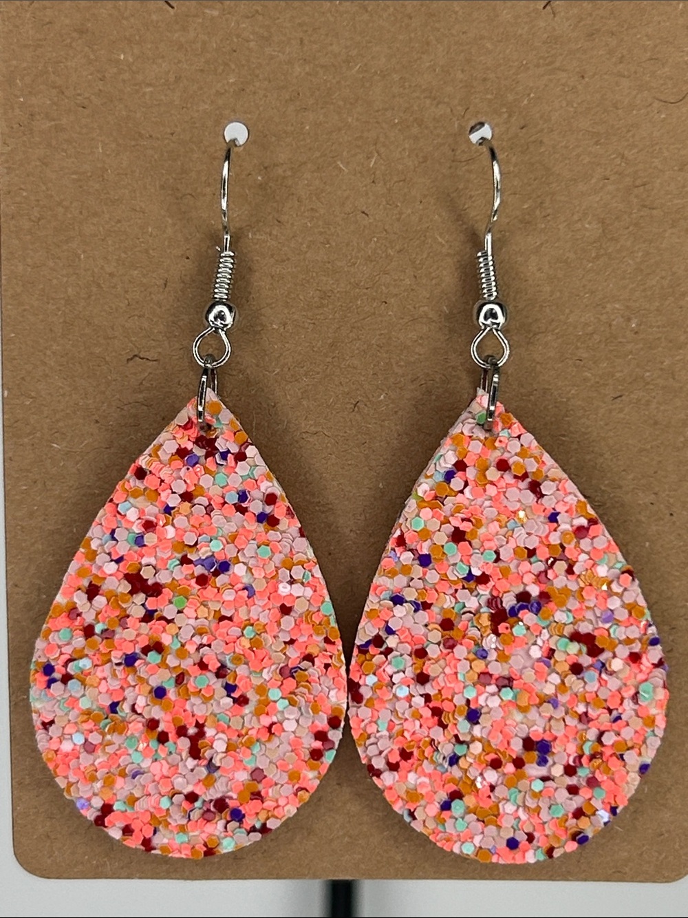 Confetti Teardrop Synthetic Faux Earrings Pink Colorful Glitter Fashion Jewelry